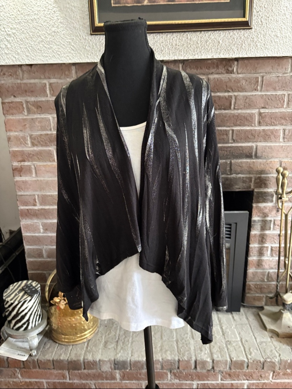 Women's Black Metallic-Striped Draped Open Blazer